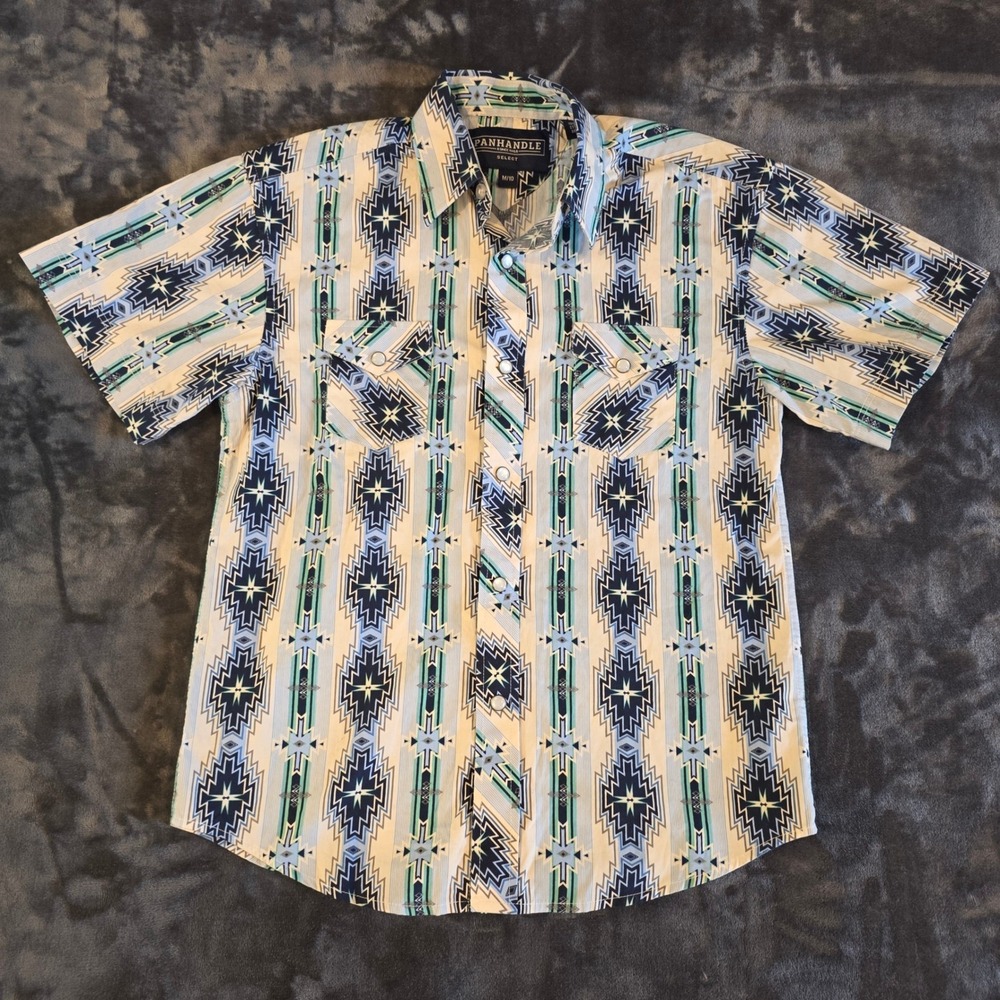 Panhandle Select Boys Western Snap Shirt Blue Southwestern Geometric Print M 10